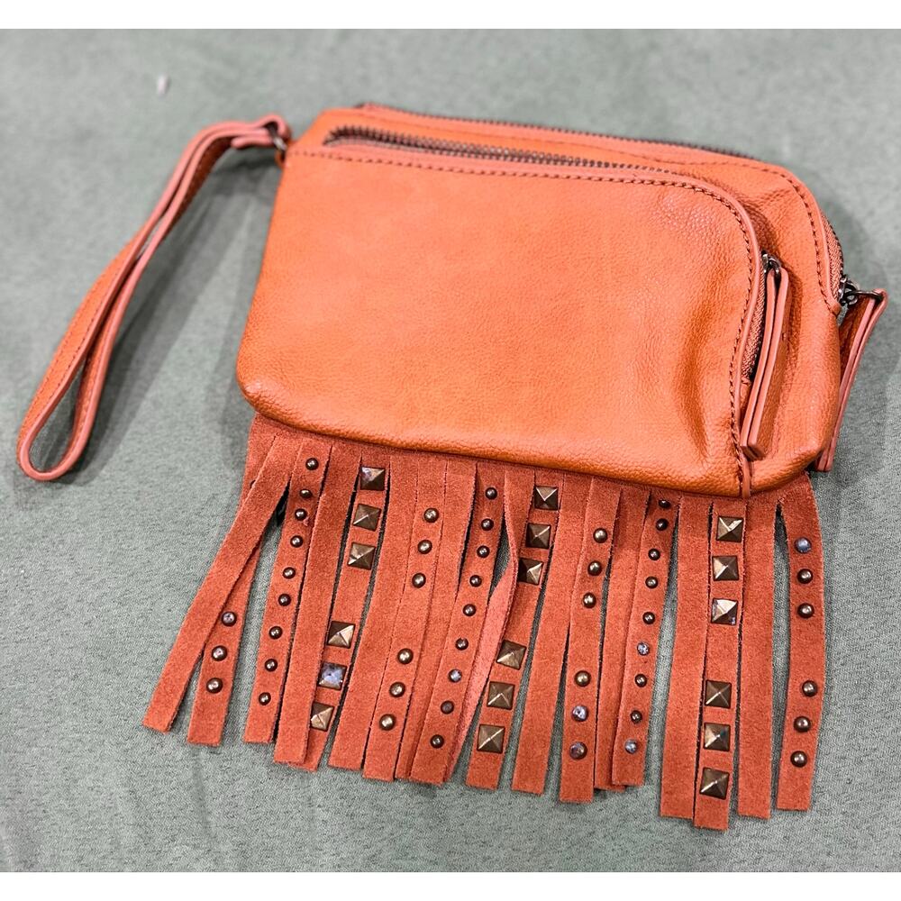 Vintage Sharif Brown/Tan Wristlet Wallet Clutch w/ Suede Fringe Studded Tassels - Picture 7 of 8